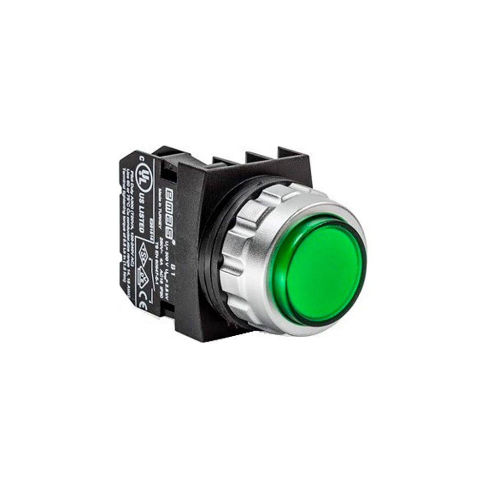 Изображение товара Кнопка выступающая Emas (1НО+1НО), зелёный цвет, серия H (30мм) (250В AC, 4А), IP50 H101HY
