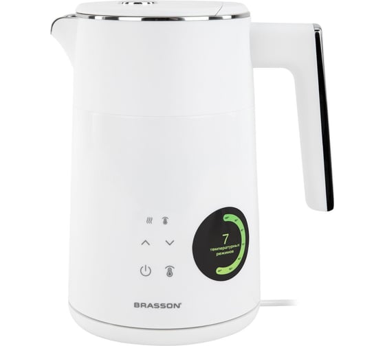 Изображение товара Чайник с двойными стенками и терморегулятором BRASSON KT-264, 1,5л, 2200 Вт, дисплей, белый, 455193