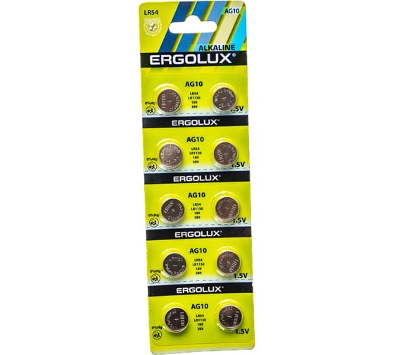 Изображение товара Батарейка для часов Ergolux AG10 BL-10 AG10-BP10, LR54 /LR1130 /189 /389, блистер 10 шт. 14321