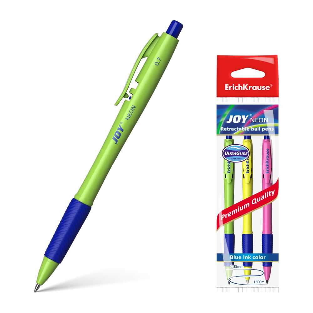 Изображение товара Автоматическая шариковая ручка ErichKrause JOY Neon 3 шт синий пишущий узел