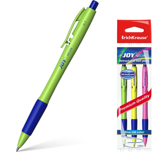 Изображение товара Автоматическая шариковая ручка ErichKrause JOY Neon, цвет чернил синий в пакете по 3 шт 43344
