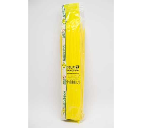 Изображение товара Стяжки SapiSelco желтого цвета, 4.5x280 мм, полиамид 6.6, уп. 100 шт. SEL.14.425R