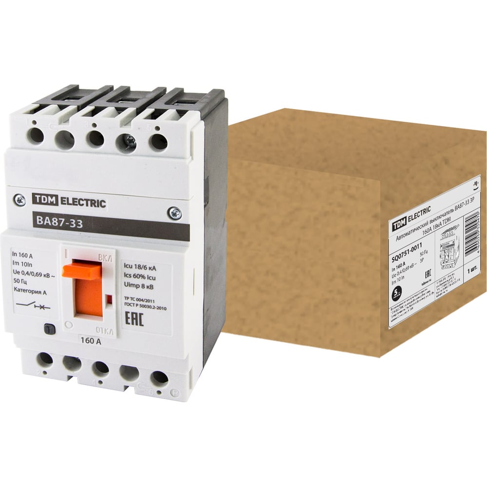 Изображение товара Автоматический выключатель TDM ELECTRIC ВА87-33 3Р 160А 18кА с монтажом на DIN-рейку