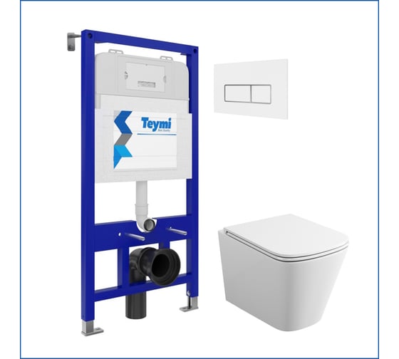 Изображение товара Инсталляция с унитазом комплект 5 в 1 Teymi унитаз подвесной безободковый Helmi S кнопка белая/хром F13296 ЦБ-00285275