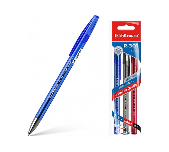 Изображение товара Гелевая ручка ErichKrause R-301 Original Gel Stick 0.5, цвет чернил синий, черный, красный в пакете по 3 шт 42725