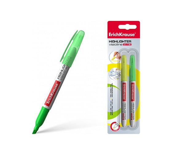 Изображение товара Текстмаркер ErichKrause Visioline V-15, цвет чернил желтый, зеленый в блистере по 2 шт 30972