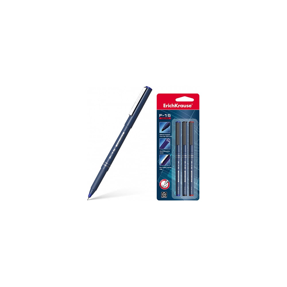 Капиллярная ручка ErichKrause F-15, цвет чернил синий, черный, красный в блистере по 3 шт 37176