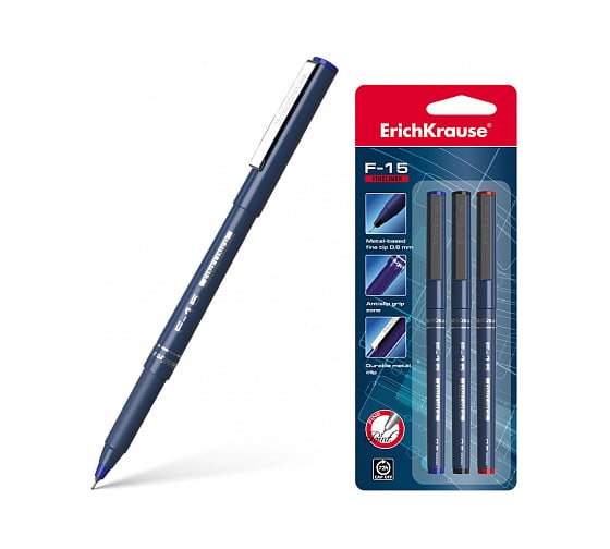 Изображение товара Капиллярная ручка ErichKrause F-15, цвет чернил синий, черный, красный в блистере по 3 шт 37176