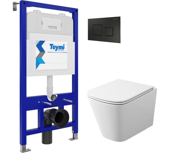 Изображение товара Комплект 5 в 1: Инсталляция Teymi Aina 52 + клавиша смыва Kati черная + подвесной унитаз с микролифтом Helmi S + крепеж T70732 ЦБ-00302374