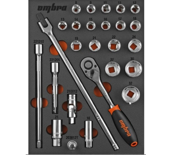 Изображение товара Набор торцевых головок с аксессуарами Ombra OMT26STE 1/2 DR в EVA ложементе 280х375 мм, 26 предметов 56134