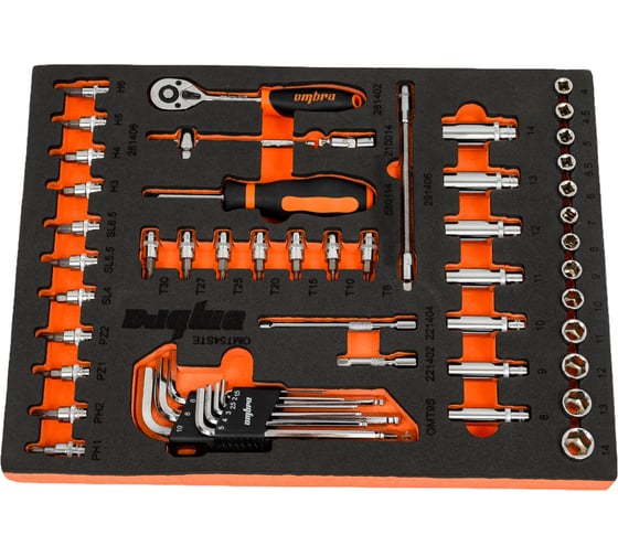 Изображение товара Набор торцевых головок с аксессуарами Ombra OMT54STE 1/4 DR  в EVA ложементе 280х375 мм, 54 предмета 56136