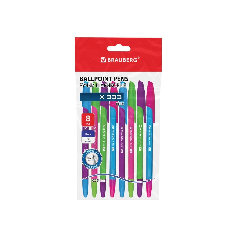 Изображение товара Набор шариковых ручек BRAUBERG X-333 NEON MIX 8 шт синие
