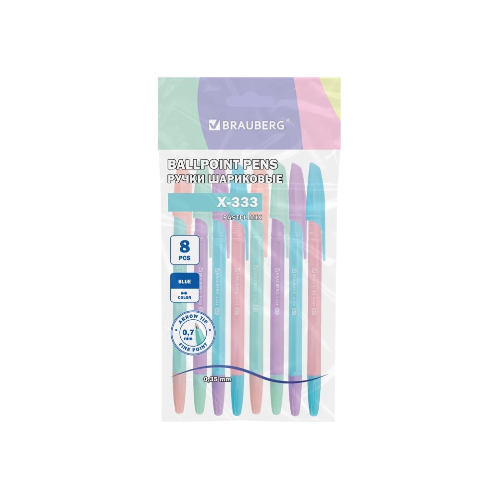 Изображение товара Набор шариковых ручек BRAUBERG X-333 PASTEL MIX 8 шт с синим узлом