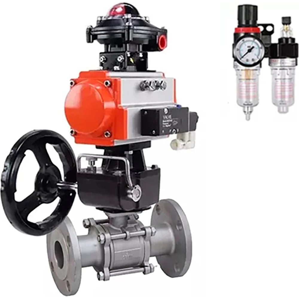 Изображение товара Кран шаровой DN.ru КШФПТ 316.180 Ду65 Ру25, пневмопривод DA-083, пневмораспределитель 220VAC, БКВ LSB-510 (EX), ручной дублёр HDM-2, БПВ D160-72399