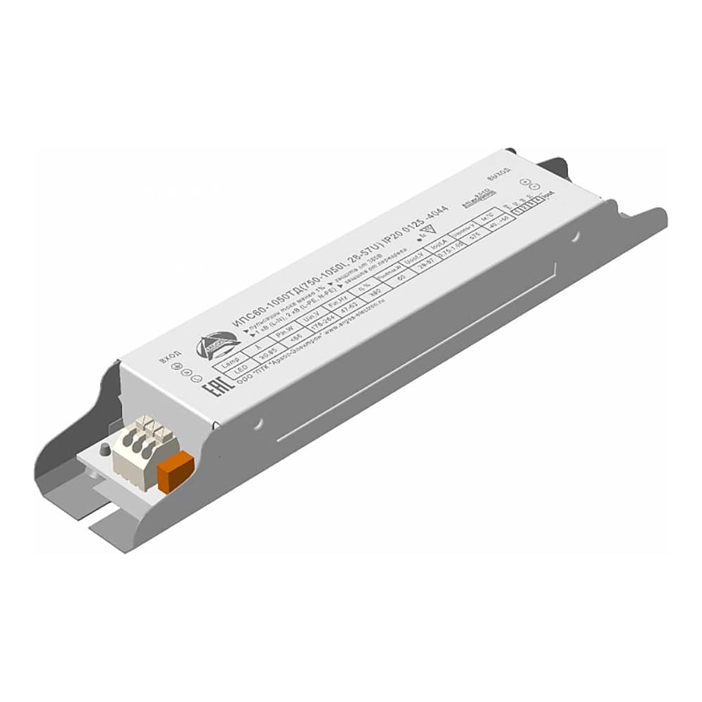 Изображение товара LED-драйвер Argos ИПС60-1050ТД 750-1050I. 28-57U IP20 0125-4044 60Вт, 28-57В, 1050мА, с выбором тока для светодиодных светильников внутреннего освещения, IP20 7051070