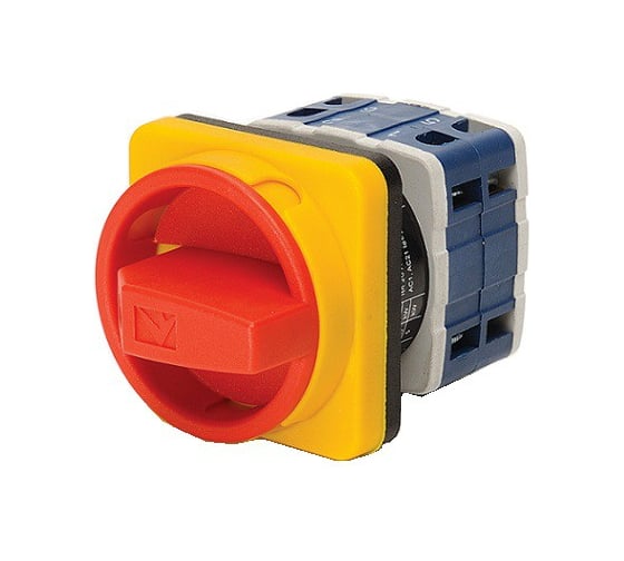 Изображение товара Переключатель Emas двухпозиционный аварийный 50А (0-1) 90гр, 4 полюса, рамка 64х64мм, 400В AC, IP54 PSA050AK441E