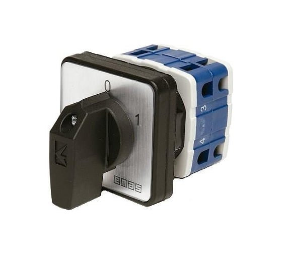 Изображение товара Переключатель Emas двухпозиционный 50А (0-1) 60гр, 3 полюса + нейтраль, рамка 64х64мм, 400В AC, IP54 PSA050AK831S