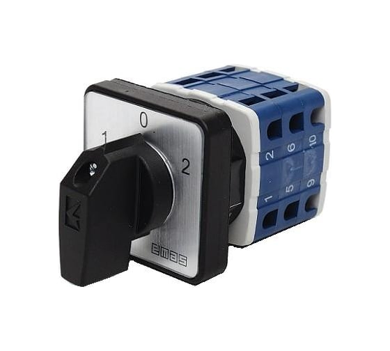 Изображение товара Переключатель управления электродвигателем Emas (1-0-2) 32А, 3 фазы, рамка 64х64мм, 400В AC, IP54 PSA032MS334S