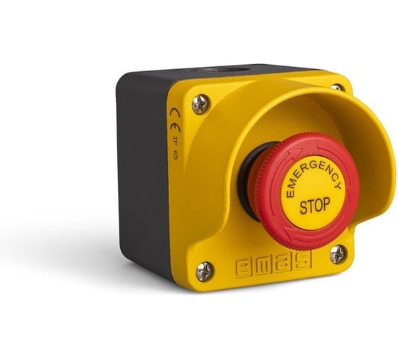 Изображение товара Пост управления Emas однокнопочный (кнопка аварийная Грибок 40мм, 1НЗ+1НЗ, возврат поворотом, с маркировкой), жёлтый-чёрный цвет, cерия M, металлический корпус (250В AC, M1C202EE