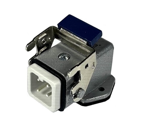 Изображение товара Угловой кожух со штепселем Emas металлический, 4 полюса, 10A, нижний ввод (PG 11), фиксаторы металл, IP65 EBM04FE46