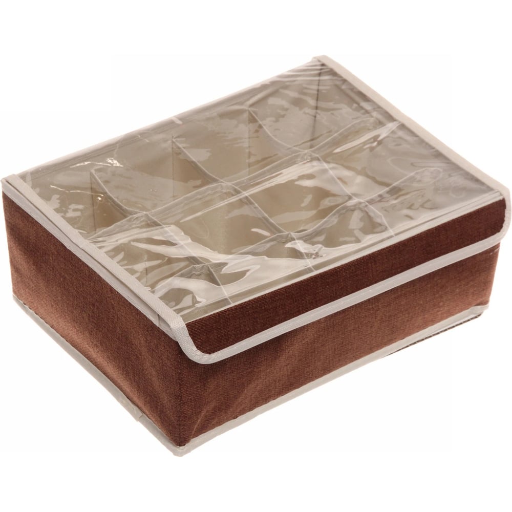 Изображение товара Кофр - органайзер для хранения вещей с прозрачной крышкой Селфи УЮТДОМА, цвет махагон коричневый, 12 отделений, 32*23*12см 834-296