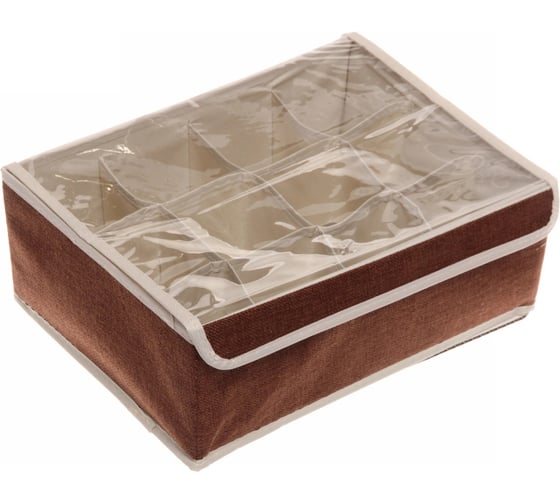 Изображение товара Кофр - органайзер для хранения вещей с прозрачной крышкой Селфи УЮТДОМА, цвет махагон коричневый, 12 отделений, 32*23*12см 834-296