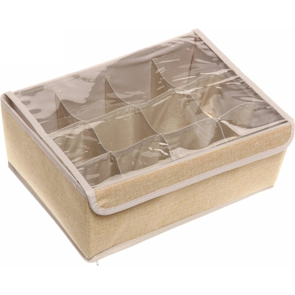 Изображение товара Кофр - органайзер для хранения вещей с прозрачной крышкой Селфи УЮТДОМА, цвет бежевый, 12 отделений, 32*23*12см 834-297