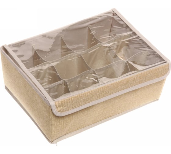 Изображение товара Кофр - органайзер для хранения вещей с прозрачной крышкой Селфи УЮТДОМА, цвет бежевый, 12 отделений, 32*23*12см 834-297