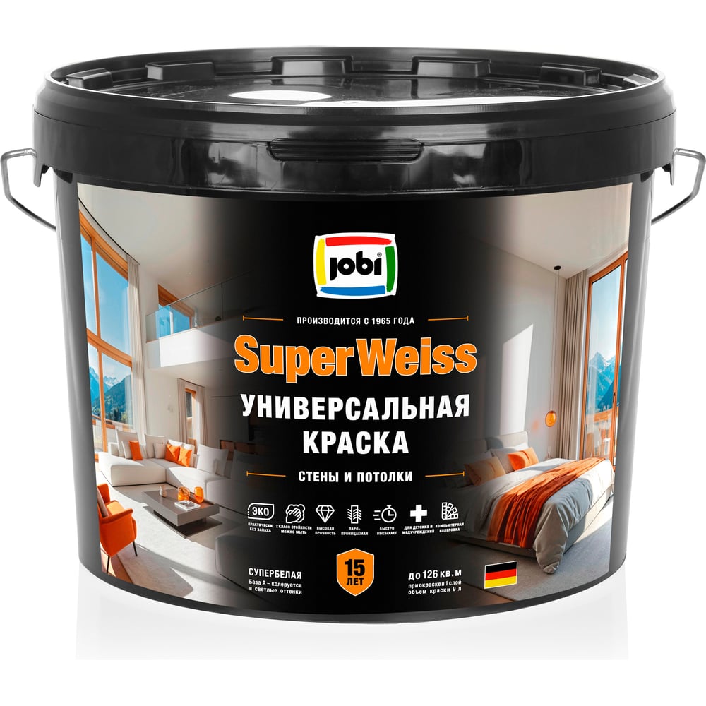 Изображение товара Краска интерьерная высокоукрывистая супербелая SuperWeiss 9л JOBI 36388