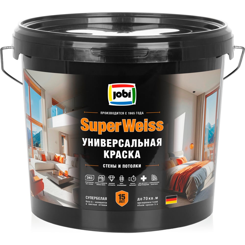 Изображение товара Краска интерьерная высокоукрывистая супербелая SuperWeiss 5л JOBI 36387