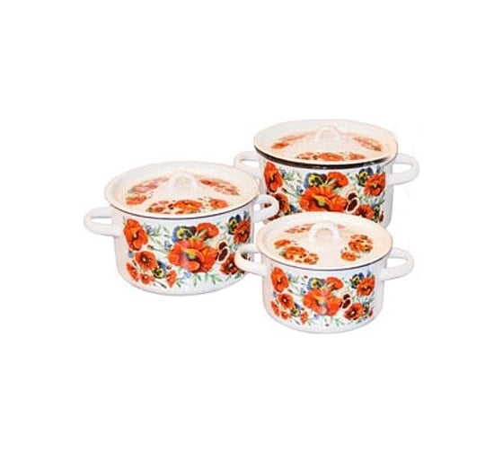 Изображение товара Эмалированный набор посуды СТАЛЬЭМАЛЬ Маки мечта 3 предмета, цилиндр, 1.5 л, 2.9 л, 3.9 л ТБ10883