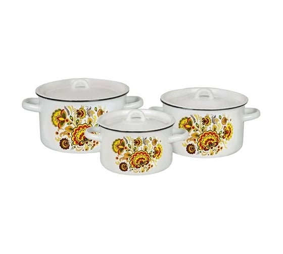 Изображение товара Эмалированный набор посуды СТАЛЬЭМАЛЬ 33 Хохлома 3 предмета, белоснежный, цилиндр, 1.5 л, 2.9 л, 4.5 л ТП192