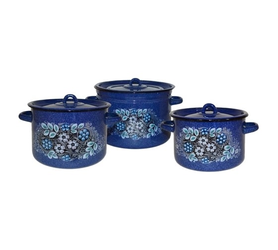 Изображение товара Эмалированный набор кастрюль СТАЛЬЭМАЛЬ 3 предмета, синий с зерном, голубика, цилиндр, 3.0 л, 4.5 л, 7.0 л ТП5166