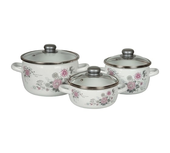 Изображение товара Эмалированный набор посуды СТАЛЬЭМАЛЬ 07 Весенний романс 3 предмета, белоснежная ХП1958