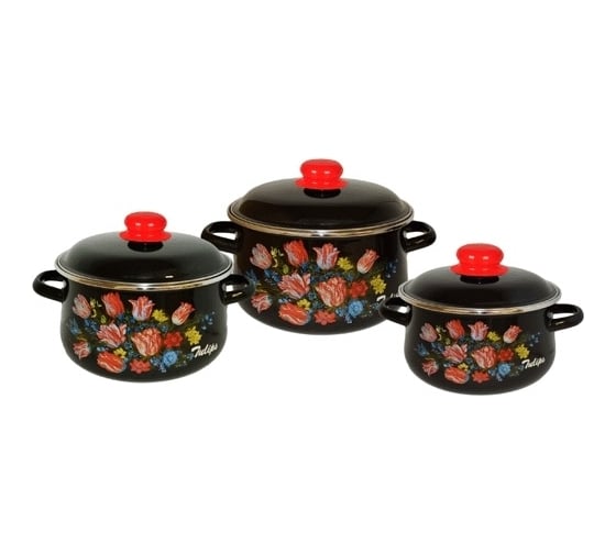 Изображение товара Эмалированный набор посуды СТАЛЬЭМАЛЬ 408 Букет тюльпанов 3 предмета, черный ПС6934