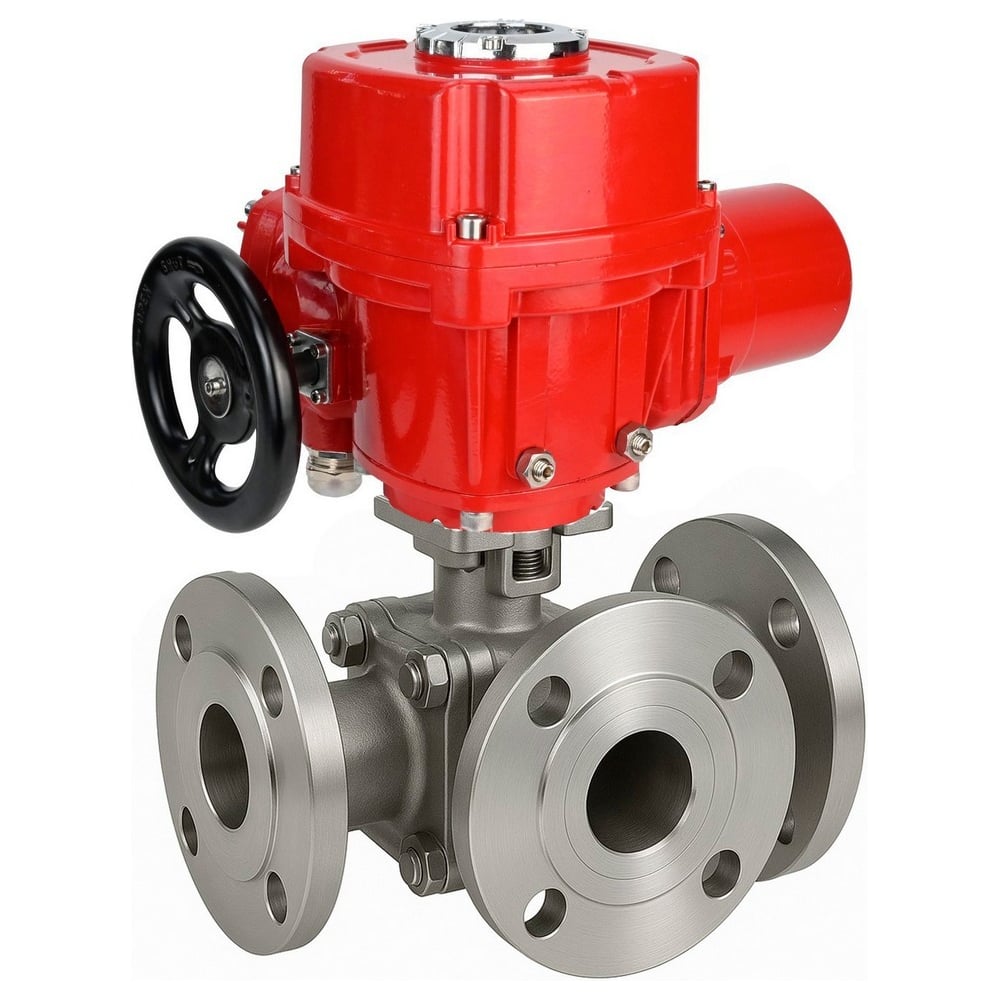 Изображение товара Кран шаровой DN-316-PTFE-FP-3L-F-ISO-H Ду50 Ру16 с электроприводом и фланцевым соединением