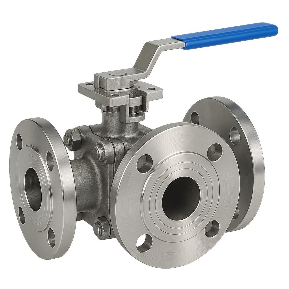 Изображение товара Кран шаровой DN.ru 316-316-PTFE-FP-3L-F-ISO-H Ду80 Ру16 нержавеющая сталь