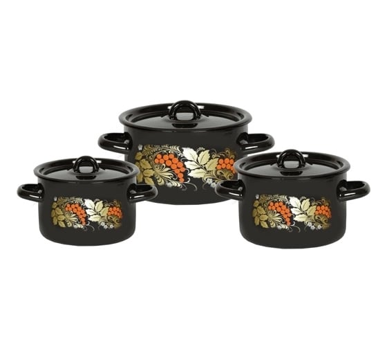 Изображение товара Эмалированный набор посуды СТАЛЬЭМАЛЬ 33 Рябина 3 предмета, черный, цилиндр, 1.5 л, 2.9 л, 4.5 л ТБ16122