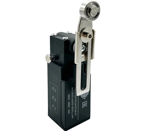 Изображение товара Выключатель путевой концевой МЭЗ ВП19М21Б392-65У2.12Ф поворотный регулируемый рычаг с роликом, 2НО+1НЗ, прямое действие, фикс. ЕА1939212Ф