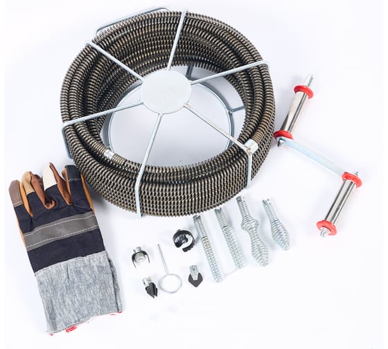 Изображение товара Набор для прочистки канализации REDLI до 110мм (спирали 16мм длина 20 метров, рукоятка, насадки) S5016-20H