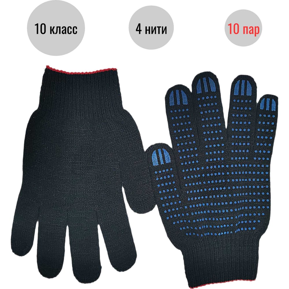 Изображение товара Трикотажные перчатки ООО Пломба.Ру с ПВХ-покрытием Точка, 10 класс 4 нити, черные, 10 пар в упаковке, 700029
