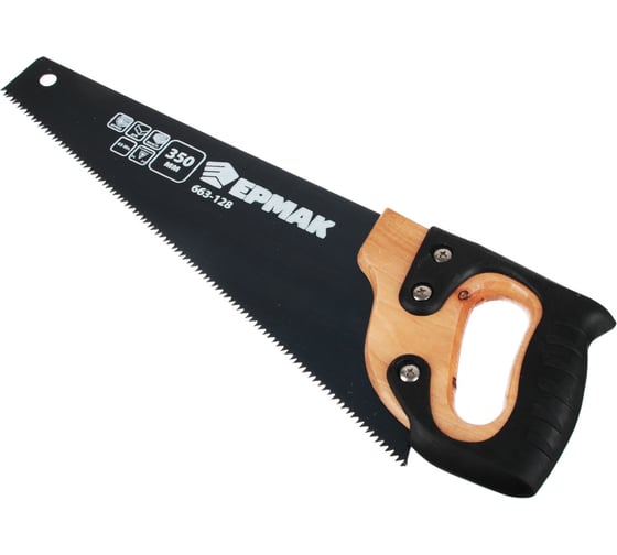 Изображение товара Ножовка по дереву ЕРМАК 350мм с деревянной обрезиненной ручкой, универсальный зуб, 4 мм 663-128