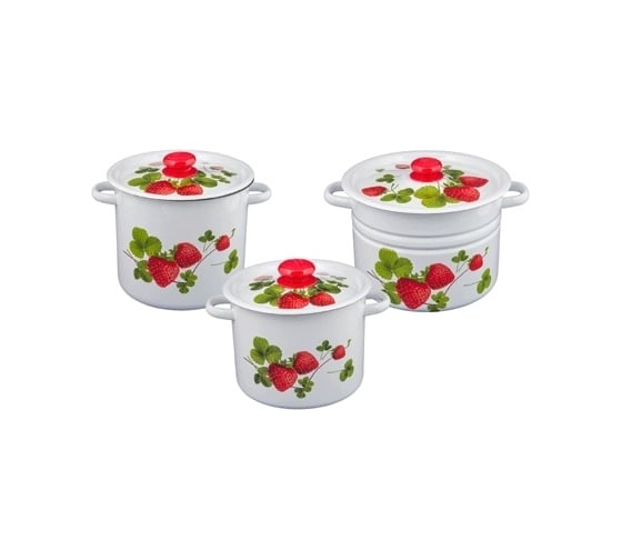 Изображение товара Эмалированный набор посуды Сибирские товары 17 летняя ягода, 3 предмета, белый, цилиндр, 3.5 л, 5.5 л, 8 л ХП2096