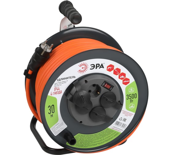 Изображение товара Силовой удлинитель ЭРА RMx-4es-3x2.5-30m-IP44 на металлической катушке с заземлением, 4 розетки, 30м, Б0052920