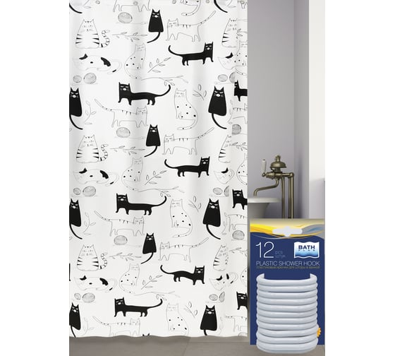 Изображение товара Комплект: штора для ванной и кольца Bath Plus Little Black Cat AKCH-12256