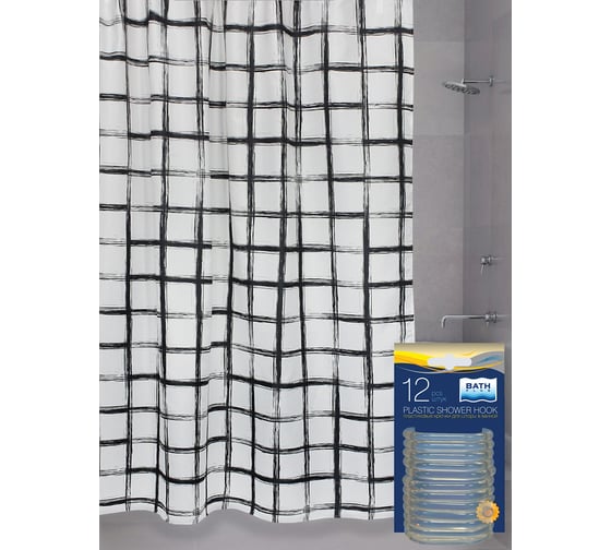 Изображение товара Комплект: штора для ванной и кольца Bath Plus Squares black akch18116
