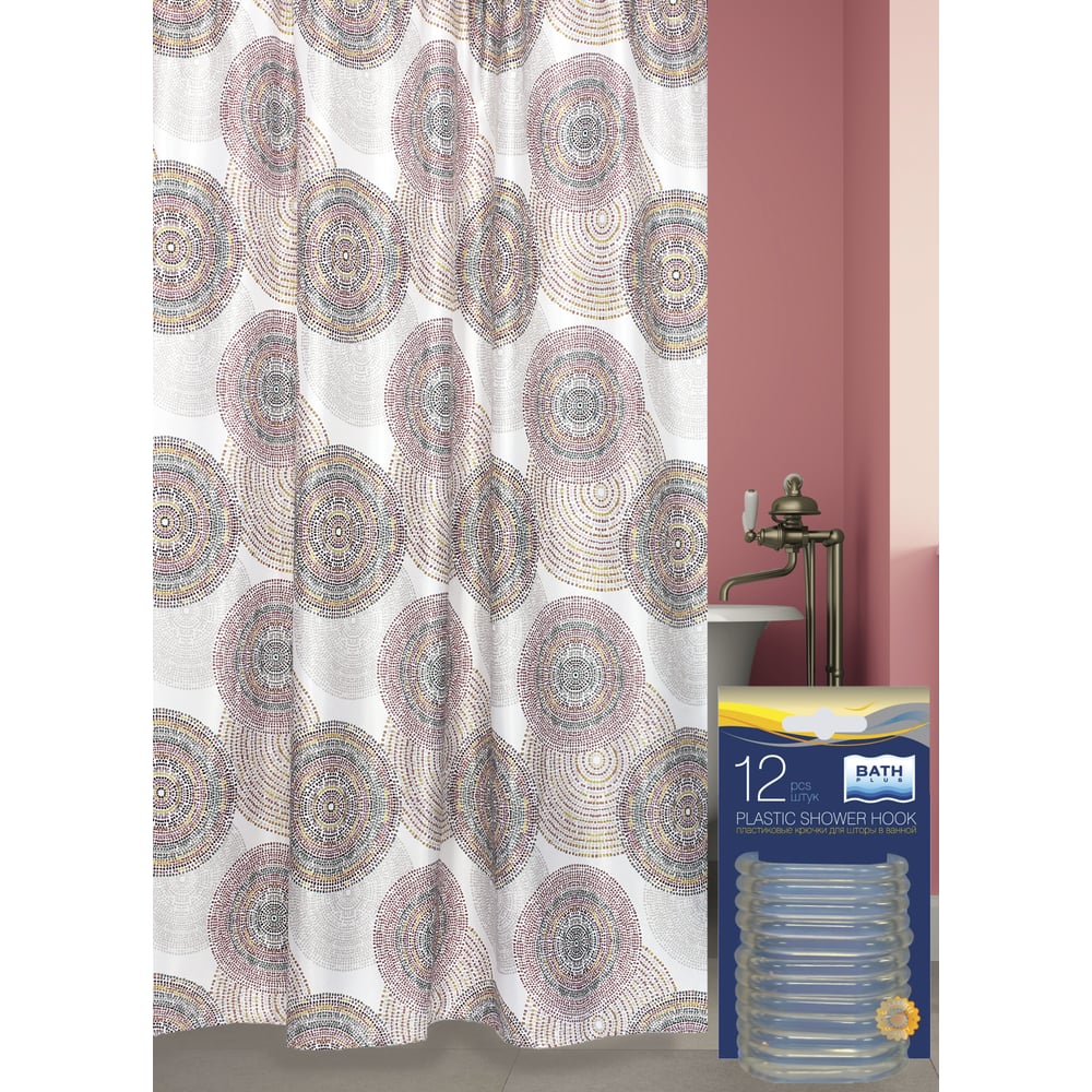 Изображение товара Комплект шторы для ванной и колец Bath Plus Etno4 red 1800х2000 мм
