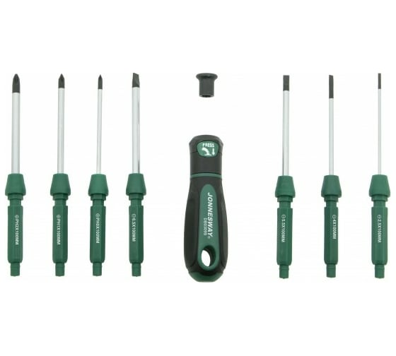 Изображение товара Отвертка Jonnesway DB0309S со сменными стрежнями в наборе, 9 предметов 46363