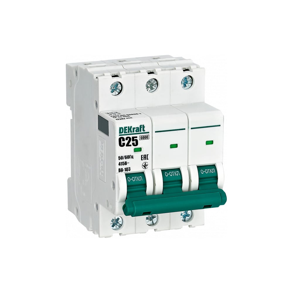 Изображение товара Автоматический выключатель (АВ) DEKraft ВА-103, 3 Р, 25 А, хар-ка C, 6 кА 12307DEK