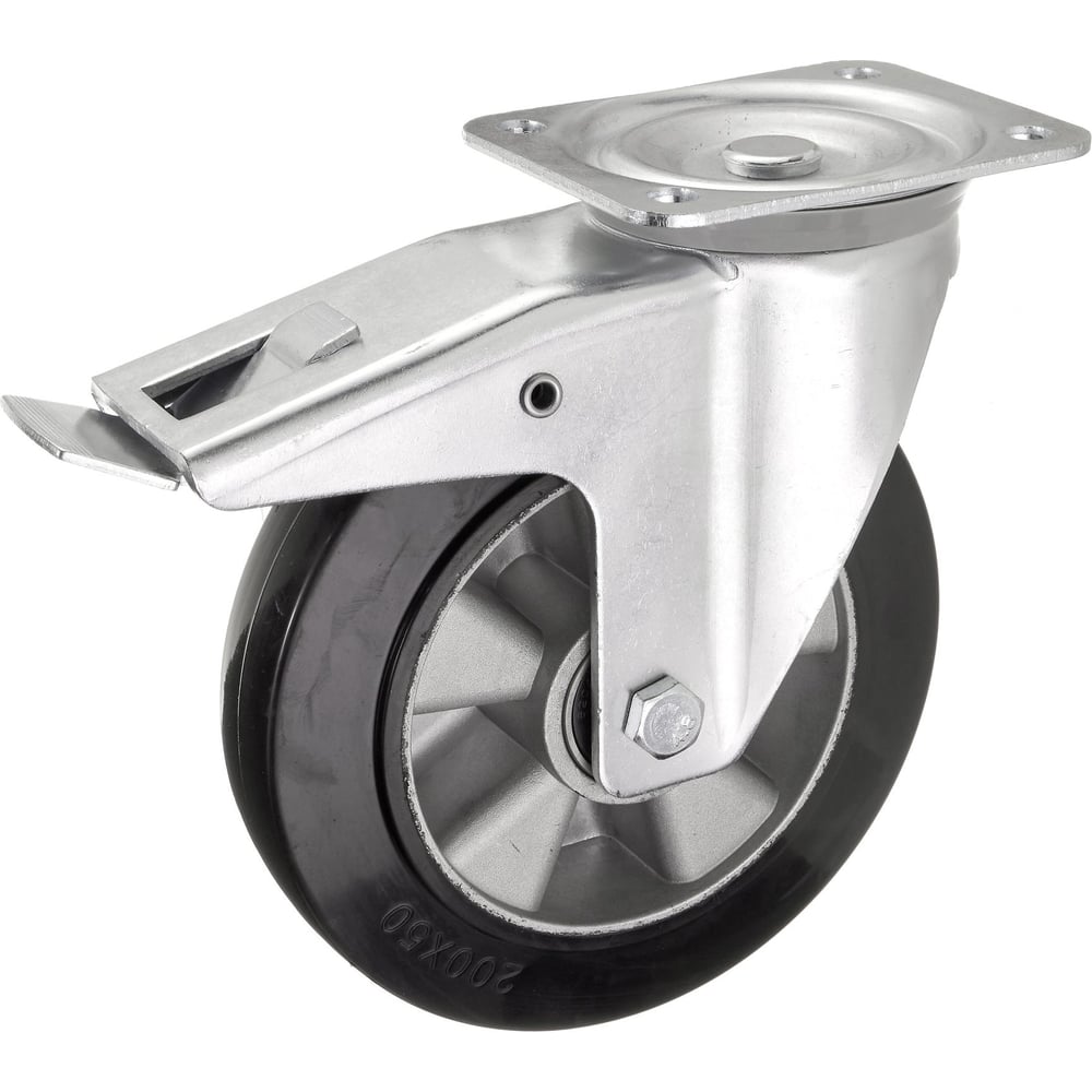 Изображение товара Колесо поворотное Стелла-техник с тормозом, диаметр 200мм, грузоподъемность 400кг, эластичная резина, алюминий, 7203-200